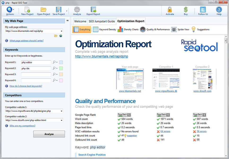 A Rapid SEO Tool munkaasztala